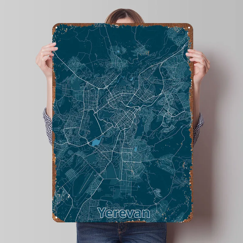 Home Decor Yerevan - لافتة معدنية بتصميم خريطة مدينة يريفان،