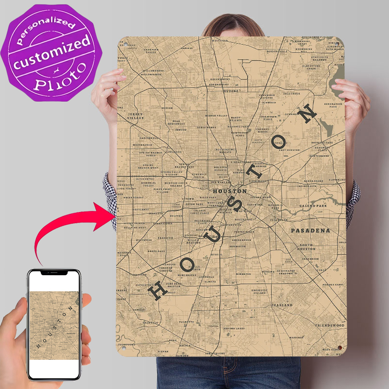 Home Decor Houston - لافتة معدنية مخصصة بتصميم هيوستن تكساس،